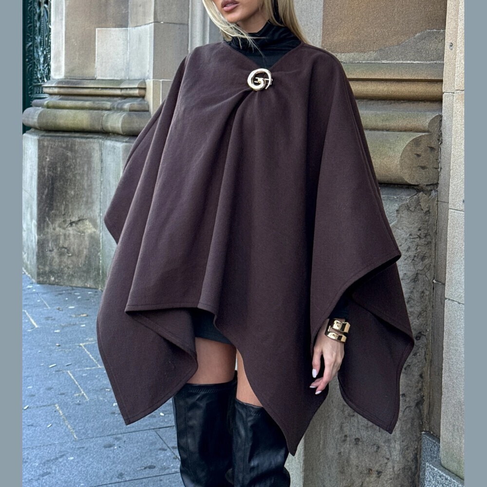 Brown Draped Cape Poncho with Gold Swirl Circle Buckle Closure
